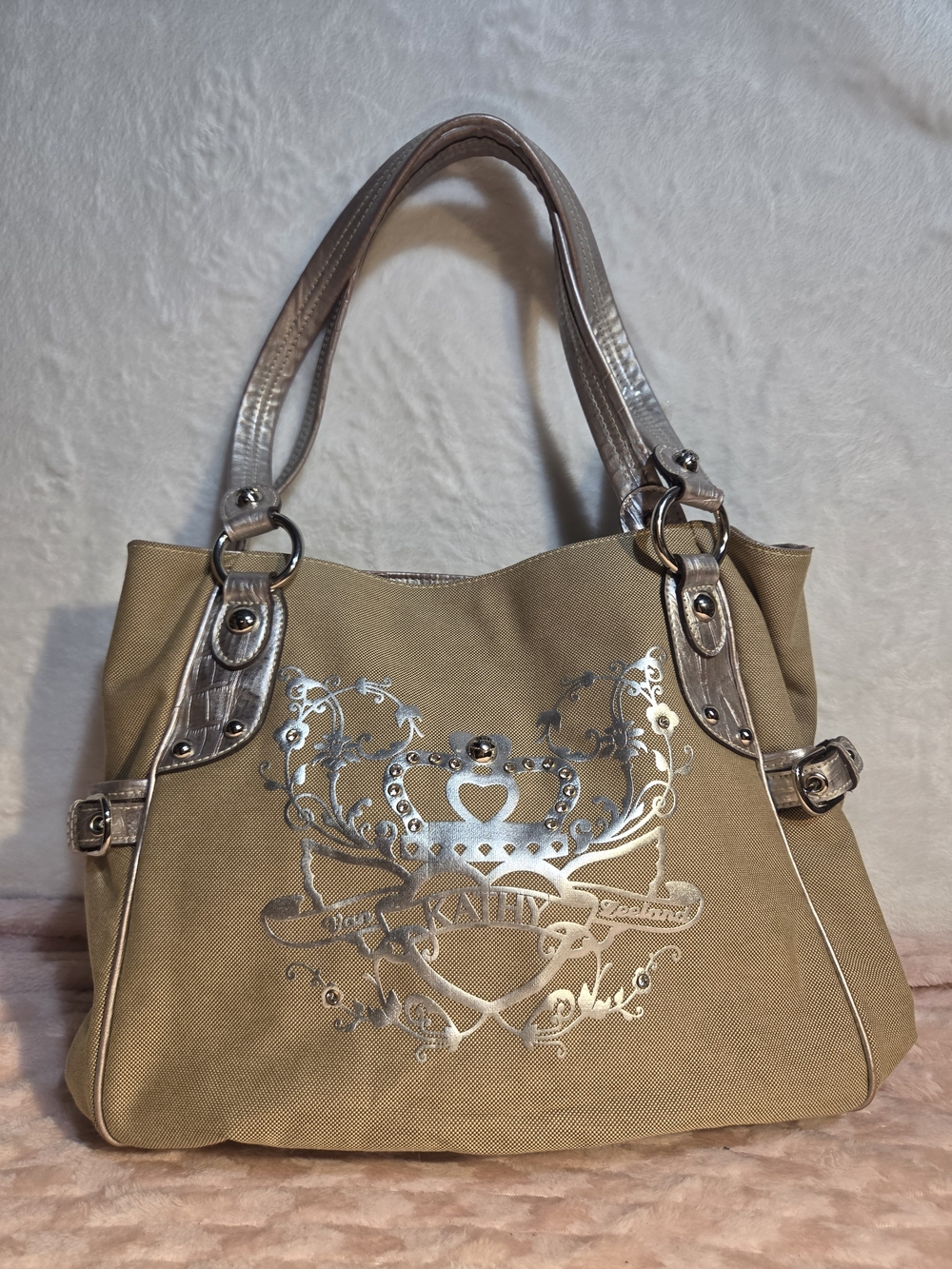 Canvas Tote Bag in Beige with Silver Accents